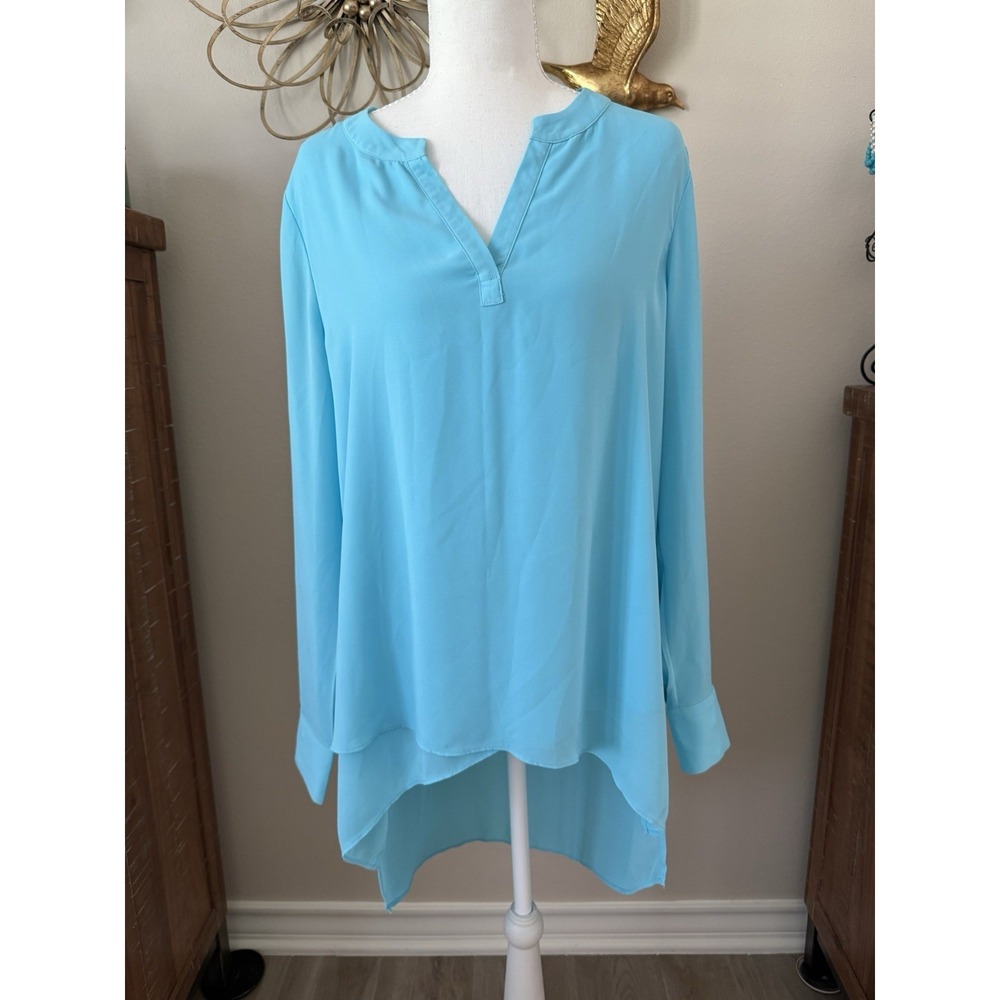 Kaari‎ Blue Aqua High Low Tunic Blouse Long Sleeve Split Neck Womens Large L